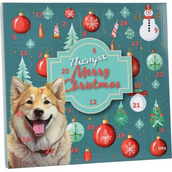 Adventskalender mit einer fröhlichen Hundillustration, Weihnachtsornamenten und dem Text „Thempa Merry Christmas“ auf türkisfarbenem Hintergrund.