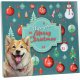 Calendrier de l'Avent avec illustration d'un chien heureux, décorations de Noël et texte « Thempa Merry Christmas » sur fond bleu sarcelle.