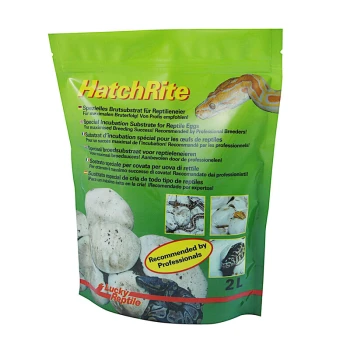 Grüner HatchRite Inkubationssubstratbeutel für Reptilieneier, zeigt Reptilieneier, eine Schlange und professionellen Empfehlungstext.