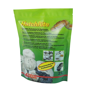 Grüner HatchRite Inkubationssubstratbeutel für Reptilieneier, zeigt Reptilieneier, eine Schlange und professionellen Empfehlungstext.