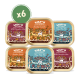 Six-pack of Lily's Kitchen dog food trays featuring Wild Campfire Stew, Sunday Lunch, and Fishy Fish Pie flavors.