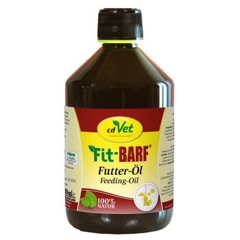 Flasche cdVet Fit-BARF Futteröl, gekennzeichnet als 100% natürlich, mit einer dunkelbraunen Farbe und einem schwarzen Deckel.