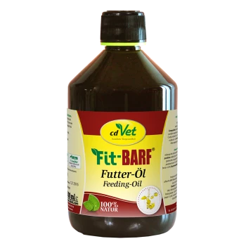 Flasche cdVet Fit-BARF Futteröl, gekennzeichnet als 100% natürlich, mit einer dunkelbraunen Farbe und einem schwarzen Deckel.