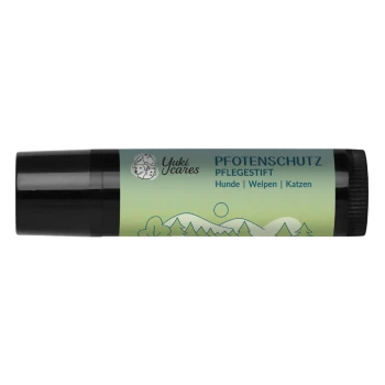 Yuki cares Pfotenschutz-Balsam in einer 5-ml-Tube mit einem hellblauen Etikett und schwarzem Deckel.