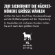 Schwarzes Feld mit deutschen Sicherheitshinweisen, weiße Hundesilhouette und Größenangabe 'XL 60–90 lb 27–41 kg'