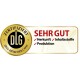 Goldzertifizierungsabzeichen mit "ZERTIFIZIERT DLG" und "SEHR GUT" in Rot, das hohe Qualität in Herkunft, Zutaten und Produktion anzeigt.