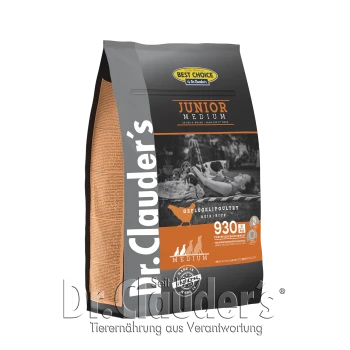 Dr. Clauder's Junior Medium Hundefutterbeutel mit Geflügel und Reis, 930g, gekennzeichnet als "Best Choice," mit Nährwertangaben.