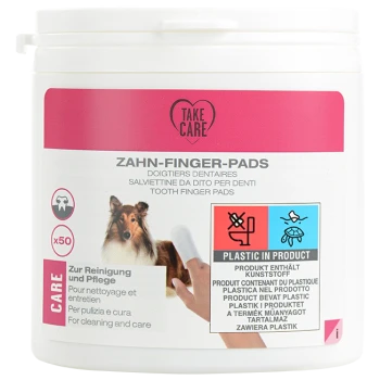 Behälter mit Take Care Zahn-Fingerpads für Haustiere, zeigt einen Hund und einen Finger mit weißem Pad, beschriftet für Reinigung und Pflege.
