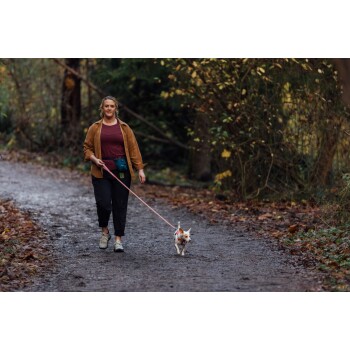 Eine Person führt einen kleinen Hund auf einem Schotterweg, umgeben von herbstlichem Laub, und trägt eine braune Jacke und schwarze Hosen.