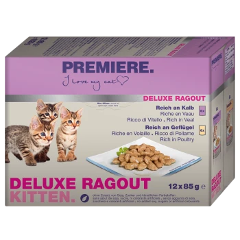 Verpackung für PREMIERE Deluxe Ragout Kitten Katzenfutter, mit drei verspielten Kätzchen und einem Teller mit Fleischstücken.
