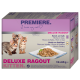 Emballage pour la nourriture pour chat PREMIERE Deluxe Ragout Kitten, présentant trois chatons joueurs et une assiette de morceaux de viande.
