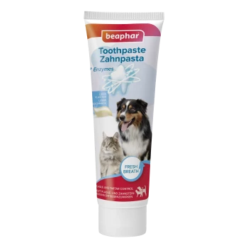 Dentifrice Beaphar pour animaux avec enzymes, saveur foie, haleine fraîche, contrôle de la plaque et du tartre, avec image de chien et chat.