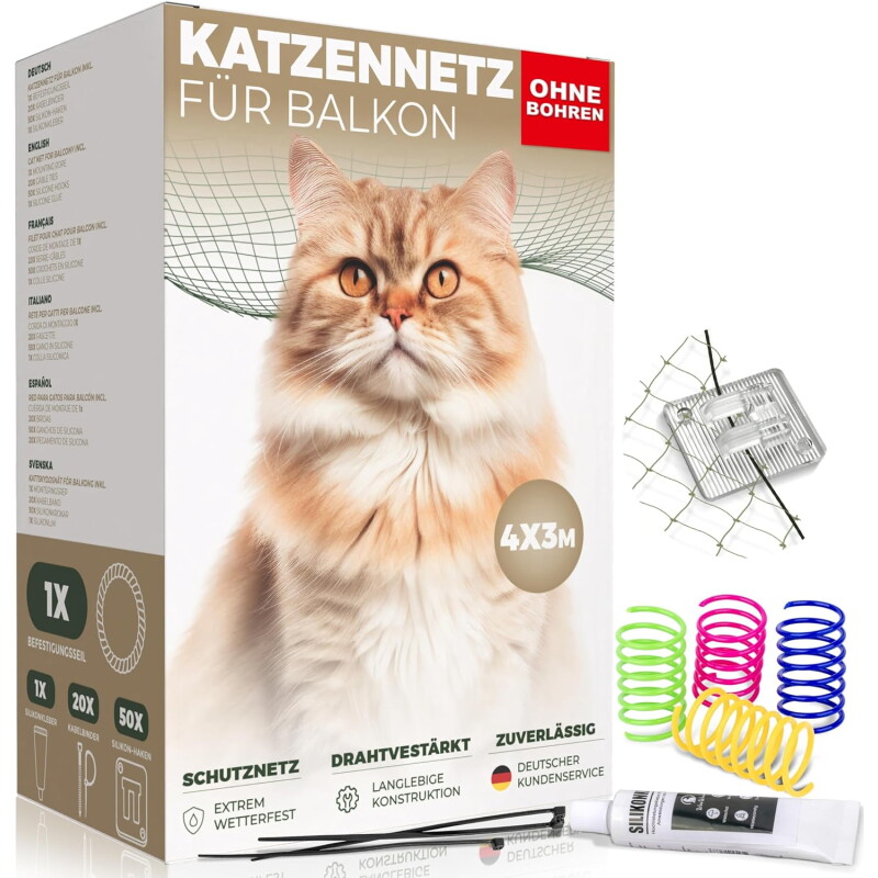 WOOWOOD Katzennetz Balkon ohne Bohren 4 m, 3 m