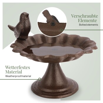 Ein gewellter Vogelbad mit einer Vogel-Figur, beschriftet mit "Verschraubte Elemente" und "Wetterfestes Material."