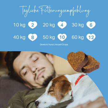 Tägliche Fütterungsempfehlungen für Hunde basierend auf dem Gewicht, mit herzförmigen Leckereien. Der Text enthält "Gewicht Hund | Anzahl Drops."