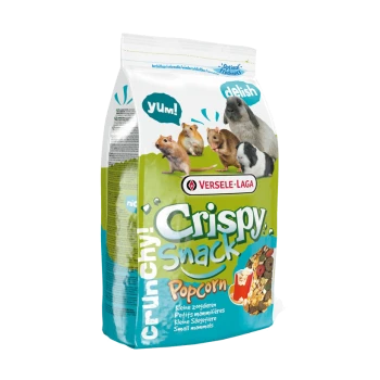 Eine Tüte Versele-Laga Crispy Snack Popcorn für kleine Säugetiere, mit Bildern von Hamstern und Meerschweinchen, und Text, der "lecker!" und "köstlich!" sagt.