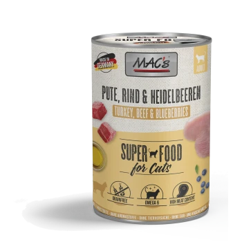 Dosenfutter für Katzen mit der Aufschrift "MAC's Super Food for Cats", das Truthahn, Rindfleisch und Heidelbeeren enthält; getreidefrei, hoher Fleischanteil und Omega 6.