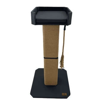 Katzenschratchpost mit einem gepolsterten schwarzen Oberteil und einer natürlichen Sisal-umwickelten Säule, mit einem hängenden Seilspielzeug.