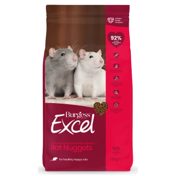 Burgess Excel Rat Nuggets packaging shows two rats and highlights 92% natural ingredients, balanced protein, and added vitamins.