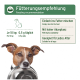 Fütterungsempfehlung für Haustiere, die eine Schüssel und einen Hund zeigt. Der Text enthält Dosierung pro Gewicht, Mischanweisungen und Eignung für alle Altersgruppen.