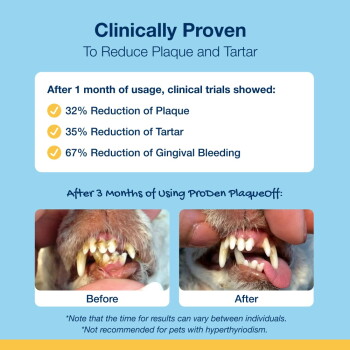 "Clinically Proven To Reduce Plaque and Tartar" ad showing 32% plaque, 35% tartar, 67% gingival bleeding reductions and dog before/after teeth photos
