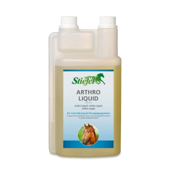 Flasche Stiefel Arthro Liquid für Pferde, mit einem Pferdebild, mit Text, der die Vorteile für das Bewegungsapparatssystem hervorhebt.