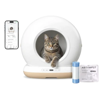 Getigerte Katze in einer weißen automatischen Katzentoilette mit Bedienfeld, Smartphone-App-Anzeige und deutschem Firmenabzeichen "Deutsches Unternehmen".
