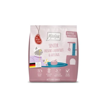 Nassfutter Katze, Senior, Knusprige Mahlzeiten Lachsfilet & Geflügel 300 g Rosa MJAMJAM Senior-Futterbeutel: 'Senior Frisches Lachsfilet & Geflügel', Katzenillustration, Futternapf, Kennzeichnung 'MIT FRISCH FLEISCH'.