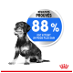 Une image en noir et blanc d'un chien assis à côté d'un cercle bleu indiquant "88% ont atteint un poids plus sain" avec "Résultats prouvés" au-dessus.