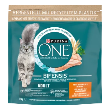Purina ONE Bifensis Katzenfutterbeutel mit einer flauschigen grauen Katze, die "Sichtbare Gesundheit für heute und morgen" und die Vorteile der Zutaten zeigt.