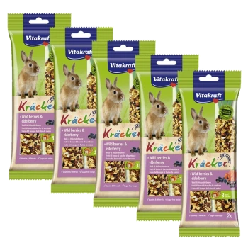 Fünf Vitakraft Kräcker-Pakete für Kaninchen, die wilde Beeren und Holunder zeigen, mit einem Kaninchenbild und Informationen über Vitamine und zuckerfreies Rezept.
