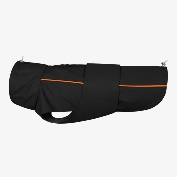 Schwarzer Hundemantel mit einem orangefarbenen Streifen, mit Kapuze und Reißverschlüssen, entworfen für Wärme und Komfort.