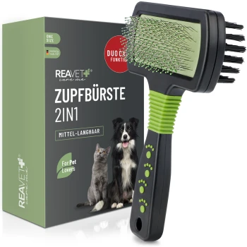 Eine doppelseitige 2-in-1-Haustierpflegebürste mit einem grünen und schwarzen Griff neben ihrer Verpackung, beschriftet für Hunde und Katzen.