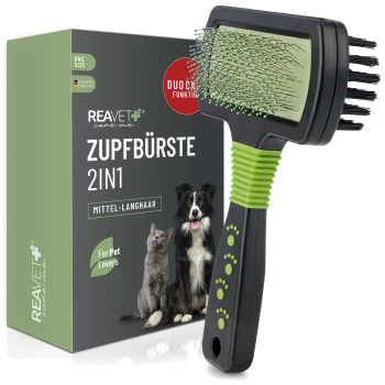 Eine doppelseitige 2-in-1-Haustierpflegebürste mit einem grünen und schwarzen Griff neben ihrer Verpackung, beschriftet für Hunde und Katzen.