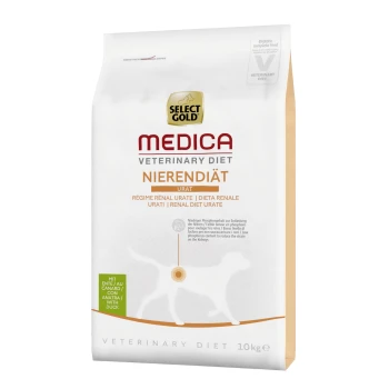 Sélectionnez l'aliment pour chiens Gold Medica Veterinary Diet Nierendiät Urate, sac de 10 kg, avec un texte sur le faible phosphore pour la santé rénale et incluant du canard.