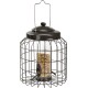 A black metal bird feeder with a transparent seed container, filled with mixed seeds, featuring a hanging handle and a feeding port.