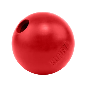 Roter Gummi-KONG-Leckerliball mit einem Loch und eingeprägtem 'KONG'-Logo