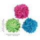 Drei flauschige Mop-Stil-Haustierspielzeugbälle (rosa, grün, blau) mit Pfeilen und Größenangabe 2,5" / 6,3 cm.