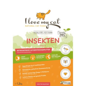Verpackung für natürliches Katzenfutter mit einer verspielten orangefarbenen Katze, beschriftet mit "Ich liebe meine Katze" und "INSEKTEN," fördert die Vorteile von getreidefrei und hypoallergen.