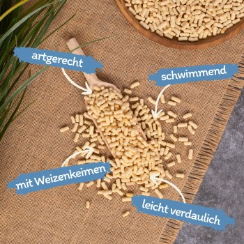 Haustierfutterpellets in einer Holzschaufel auf einem Jutesack-Hintergrund, beschriftet mit "artgerecht", "schwimmend", "mit Weizenkeimen" und "leicht verdaulich."