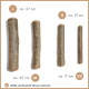 Vier natürliche Holzstäbe für Haustiere in verschiedenen Größen: L (27 cm), M (25 cm), S (21 cm), XS (18 cm).