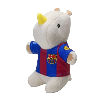 Weißes Plüsch-Nashorn mit blau-bordeauxrotem FC Barcelona-Trikot, Vereinswappen und gelbem Horn