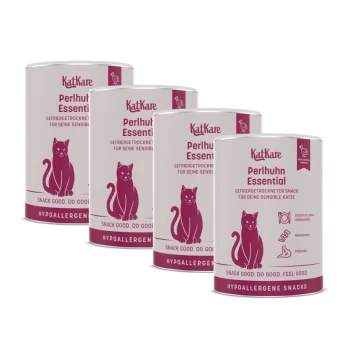 Vier KatKare „Perlhuhn Essential“ hypoallergene, gefriergetrocknete Katzensnack‑Dosen mit rosa Etiketten und Katzen‑Silhouette.