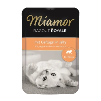 Torebka karmy dla kotów Miamor Ragout Royale z figlarnym białym kociakiem i tekstem: "mit Geflügel in Jelly" oraz "Für junge Kätzchen im Wachstum."