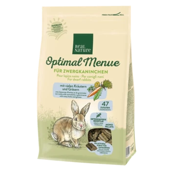 Emballage de Real Nature Optimal Menu pour lapins nains, avec une illustration de lapin et du texte sur "47 ingrédients" et "formule sans céréales."
