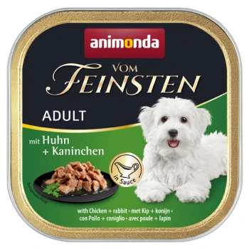 Dose mit Nassfutter für Hunde mit einem weißen Hund auf der Vorderseite, beschriftet mit "animonda vom Feinsten ADULT mit Huhn + Kaninchen" und "in Sauce."