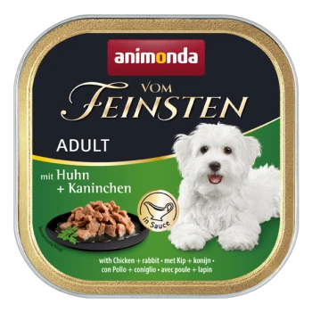 Dose mit Nassfutter für Hunde mit einem weißen Hund auf der Vorderseite, beschriftet mit "animonda vom Feinsten ADULT mit Huhn + Kaninchen" und "in Sauce."