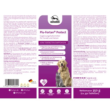 Plu-Fortan® Protect Ergänzung für Hunde und Katzen, mit Vorteilen für die Gelenkgesundheit, Zutatenliste und Fütterungsempfehlungen.