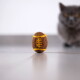 Filz-Fußball-Katzenspielzeug mit gelben Nähten auf dem Boden, unscharfe graue Katze im Hintergrund.