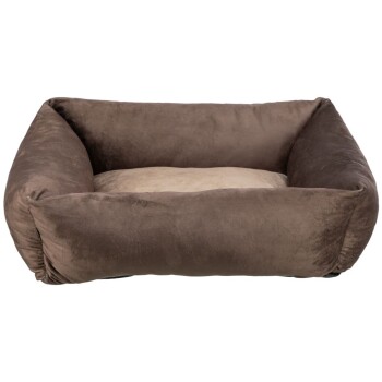 Braunes plüschiges Haustierbett mit hohen Seiten und einem weichen beigen Mittelpolster, entworfen für Komfort und Entspannung.